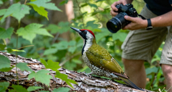 A photographer captured a weasel riding on the back of a green woodpecker