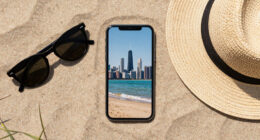 What you see in the Sun, is the Chicago skyline from the Indiana Dunes beach, across Lake Michigan. You can see it from 50 miles of distance due to a form of superior mirage, because the skyline is seen above where it's actually located.